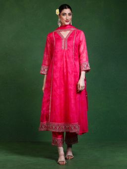 Jaipur Kurti - Women Pink Embroidered Kurta with Pant and Dupatta (Set of 3)