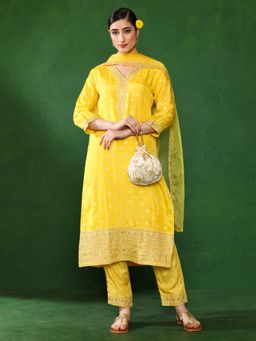 Jaipur Kurti - Women Yellow Embroidered Kurta with Pant and Dupatta (Set of 3)