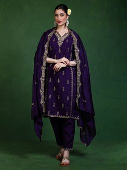 Jaipur Kurti - Women Purple Embroidered Kurta with Pant and Dupatta (Set of 3)