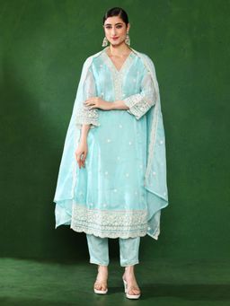 Jaipur Kurti - Women Blue Embroidered Kurta with Pant and Dupatta (Set of 3)