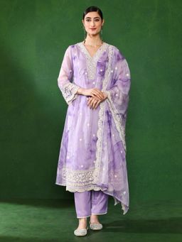 Jaipur Kurti - Women Lavender Embroidered Kurta with Pant and Dupatta (Set of 3)