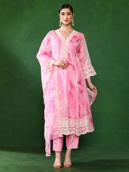 Jaipur Kurti - Women Pink Embroidered Kurta with Pant and Dupatta (Set of 3)