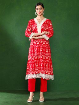 Jaipur Kurti - Women Red Embroidered Kurta with Pant (Set of 2)
