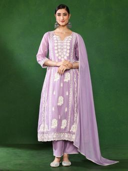 Jaipur Kurti - Women Lavender Embroidered Kurta with Pant and Dupatta (Set of 3)