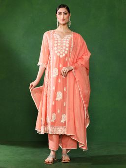 Jaipur Kurti - Women Coral Embroidered Kurta with Pant and Dupatta (Set of 3)