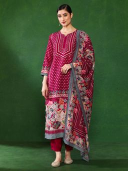 Jaipur Kurti - Women Red Embroidered Kurta with Pant and Dupatta (Set of 3)