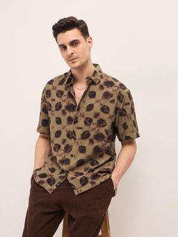 The Bear House - Mens Olive Printed Relaxed Fit Casual Shirt