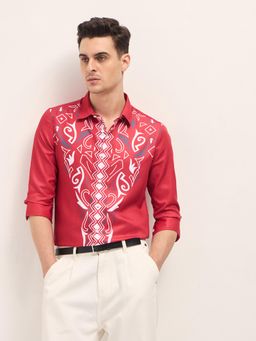 The Bear House - Mens Red Printed Slim Fit Casual Shirt