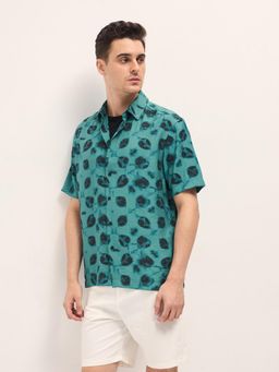 The Bear House - Mens Blue Printed Relaxed Fit Casual Shirt