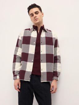 The Bear House - Mens Maroon Cotton Checks Relaxed Fit Flannel Overshirt