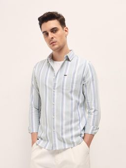 The Bear House - Mens Green Cotton Stripes Slim Fit Shirt