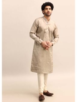 KALKI FASHION - Grey Tussar Silk Plain Kurta with Churidar (Set of 2)