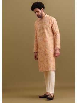 KALKI FASHION - Yellow Floral Printed Silk Kurta with Pant (Set of 2)