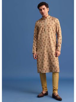 KALKI FASHION - Beige Satin Printed Kurta with Churidar (Set of 2)