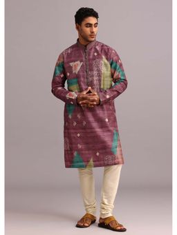 KALKI FASHION - Wine Tussar Silk Printed Kurta with Churidar (Set of 2)