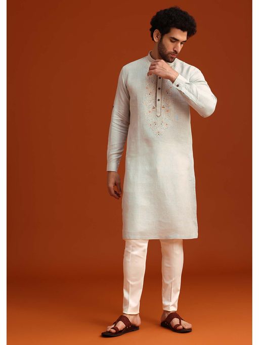 KALKI FASHION Blue Kurta with Pant with Floral Thread Embroidery (Set of 2)