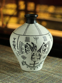 ExclusiveLane - 6 Inch Terracotta Handpainted Warli Matki Shaped Vase In White