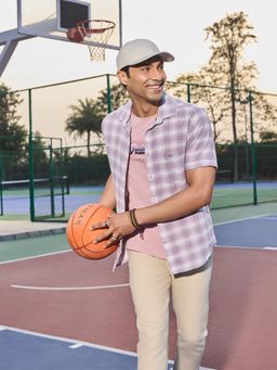 CRIMSOUNE CLUB - Men Purple Checked Cotton Shirt