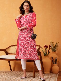 ADA - Hand Embroidered Carrot Pink Georgette Chikankari Kurta with Slip [A107629]