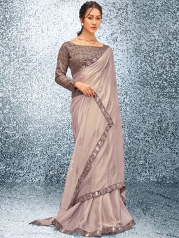Akhilam - Womens Satin Mauve Embellished Designer Saree with Unstitched Blouse