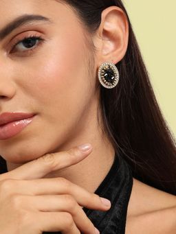 Sohi - Womens Embellished Cluster Oval Stud Earrings - Black & Gold