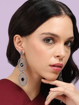 Sohi - Womens Intricate Stone Oval Long Drop Earrings - Black