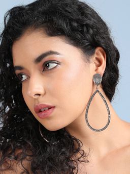 Sohi - Womens Intricate Crystal Teardrop Drop Earrings - Dark Silver