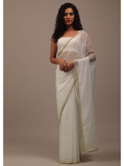 KALKI FASHION - Daisy White Foil Saree Tissue Cut Dana Embroidered Borders with Unstitched Blouse