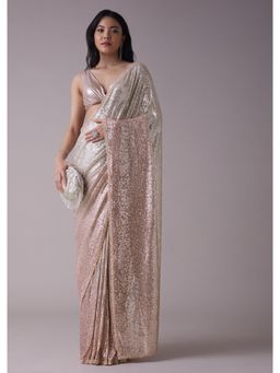 KALKI FASHION - Peach Melba And Silver Toned Sequins Saree With An Embellished Border with Unstitched Blouse