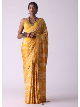 KALKI FASHION - Spectra Yellow Batik Printed Crepe Saree with Unstitched Blouse