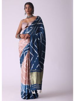 KALKI FASHION - Midnight Blue Tie-dye Satin Saree with Unstitched Blouse