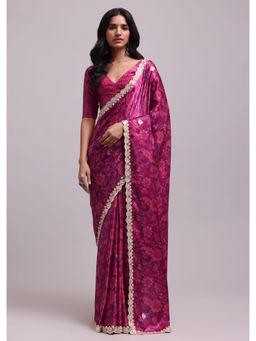 KALKI FASHION - Azalea Pink Saree In Muslin With Floral Prints And Gota Patti Work with Unstitched Blouse