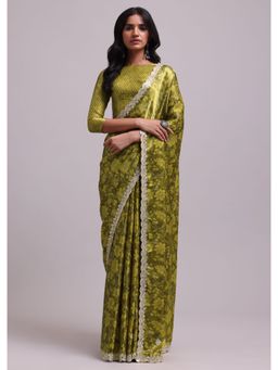 KALKI FASHION - Gold Festive Saree In Muslin With Floral Prints And Gota Patti Work with Unstitched Blouse