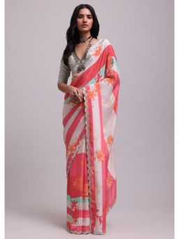 KALKI FASHION - Pearl White Muslin Saree With Floral Print And Gota Patti Work with Unstitched Blouse