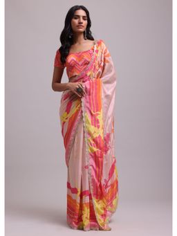 KALKI FASHION - Pink Muslin Fabricated Saree With Floral Print And Gota Patti Work with Unstitched Blouse