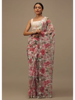 KALKI FASHION - Pearl White Embroidered Saree With Floral Print And Borders with Unstitched Blouse