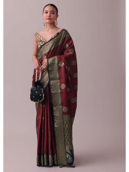 KALKI FASHION - Blood Red Saree In Tanchui Kora Silk With Zari Work with Unstitched Blouse