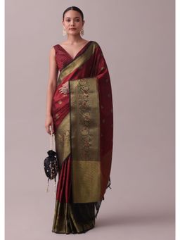KALKI FASHION - Brick Red Saree In Tanchui Kora Silk With Zari Work with Unstitched Blouse