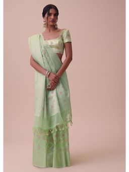KALKI FASHION - Powder Green Kora Cotton Silk Saree With Minakari Buti All over with Unstitched Blouse