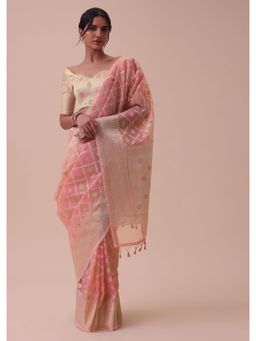 KALKI FASHION - Peach Pink Kora Cotton Silk Saree With Minakari Buti All over with Unstitched Blouse