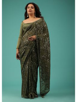 KALKI FASHION - Capulet Olive Green Saree In Sequins With Embroidery with Unstitched Blouse