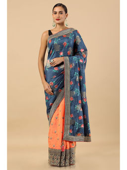 Soch - Navy Blue Tussar Printed Saree with Unstitched