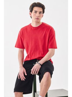 Snitch - Red Solid Half Sleeves Oversized Casual T-Shirt