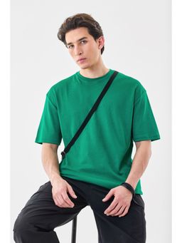 Snitch - Green Solid Half Sleeves Oversized Casual T-Shirt