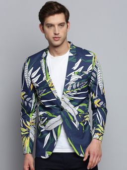 SHOWOFFFF - Mens Printed Notched Lapel Navy Blue Single-Breasted Blazer