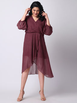 FabAlley - Curve Maroon Lurex High Low Wrap Dress