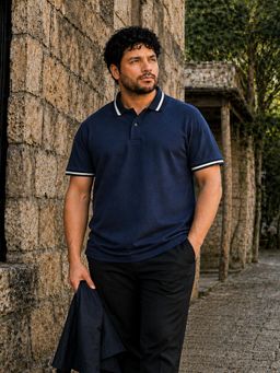 Instafab Plus - Navy Blue Mens Jacquard Knit Polo T-Shirt