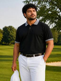 Instafab Plus - Black Mens Jacquard Knit Polo T-Shirt