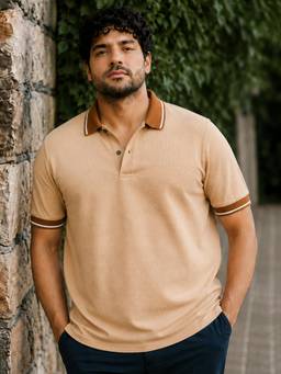 Instafab Plus - Beige Mens Textured Waffle Knit Polo T-Shirt