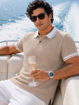 Instafab Plus - Beige Mens Jacquard Knit Polo T-Shirt
